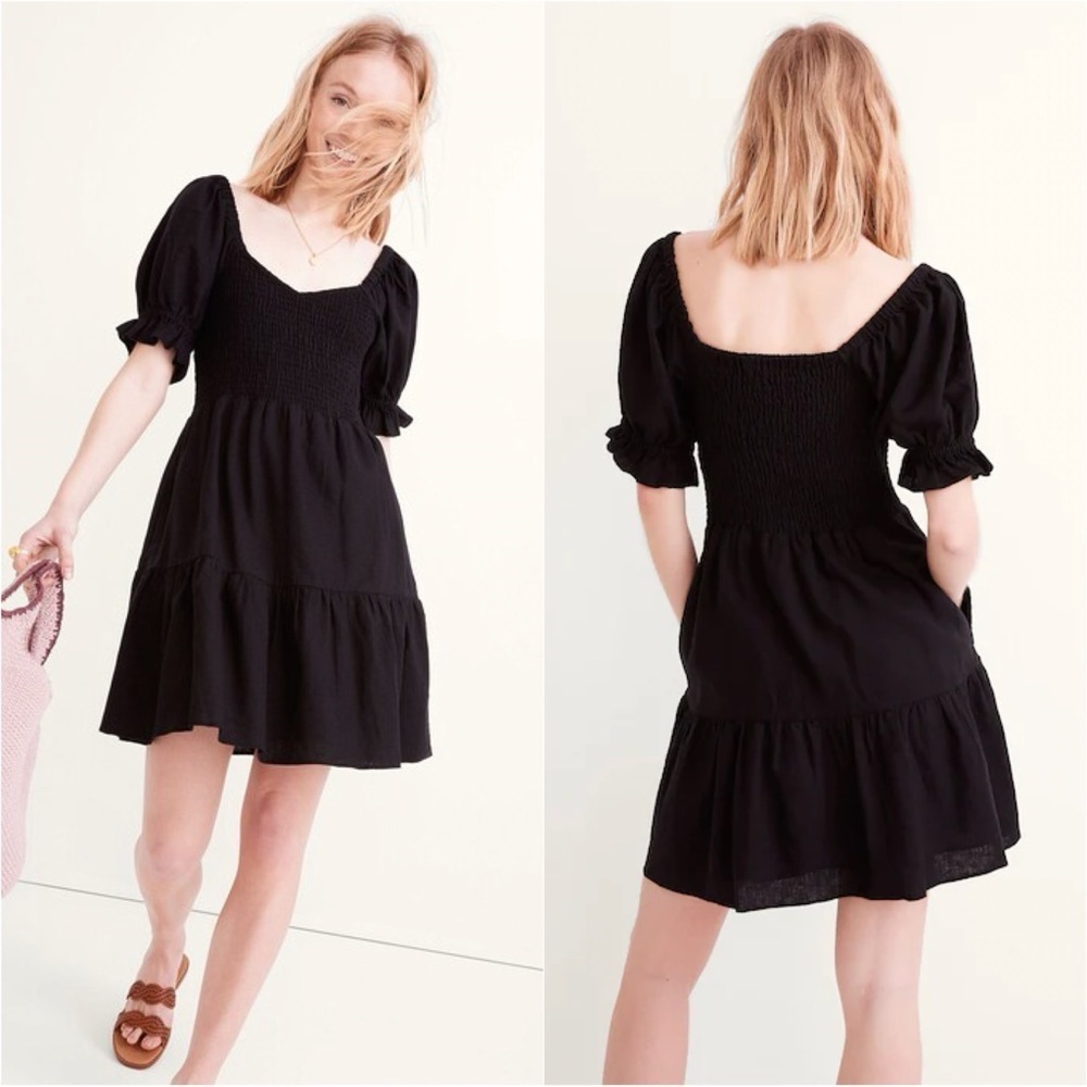 Madewell Dress Linen-Blend Lucie Smocked Mini Puff Sleeve Pockets Black Sz M